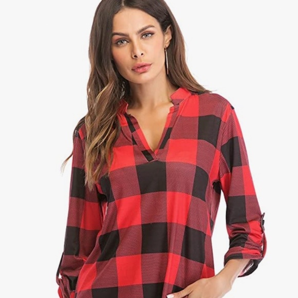 Women Roll-Up 3/4 Sleeve Plaid Shirt Tunic V Neck Casual Pullover Blouses Tops - Picture 2 of 6